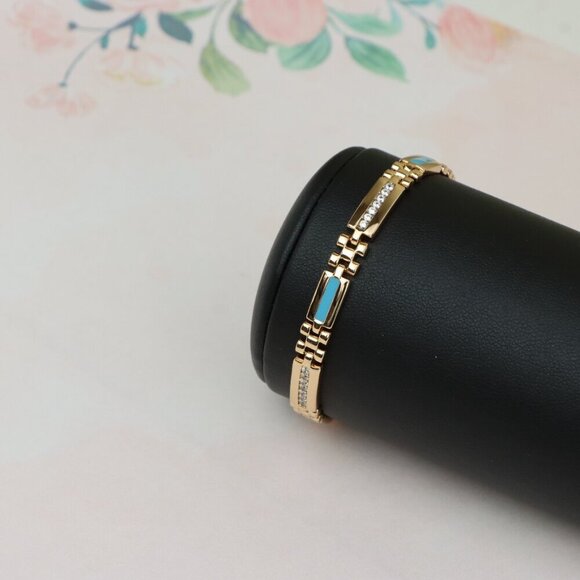 "Elegant Rose Gold Bracelet with Blue Enamel and CZ Accent Links, XPBL0738 - Picture 7 of 12